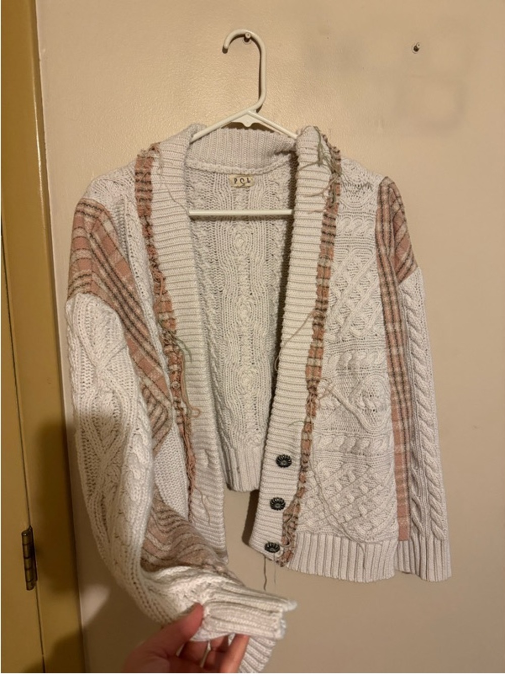 POL Ivory Cable Knit Cardigan with Pink Plaid Trim